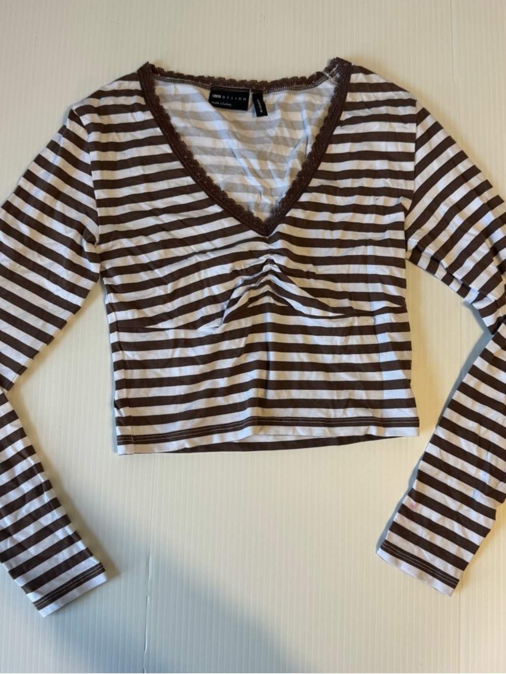 Striped Crop Top US 2 Brown Lace Trim Coquette Y2K Neo Nostalgia ASOS Balletcore